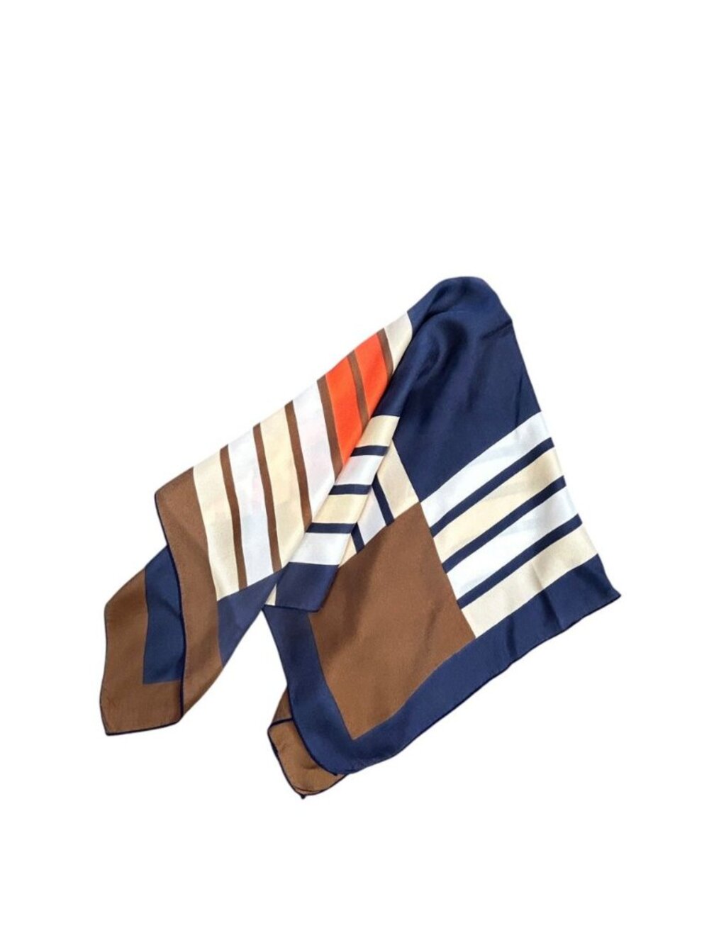 Vintage 70s 80s Geometric 24" Square 100% Silk Scarf Blue Brown Orange - Picture 3 of 9
